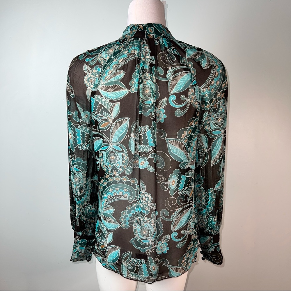 Trina Turk 100% Silk Blouse Black Teal Floral Sheer Long Sleeve Ruffle Size P - Picture 8 of 11